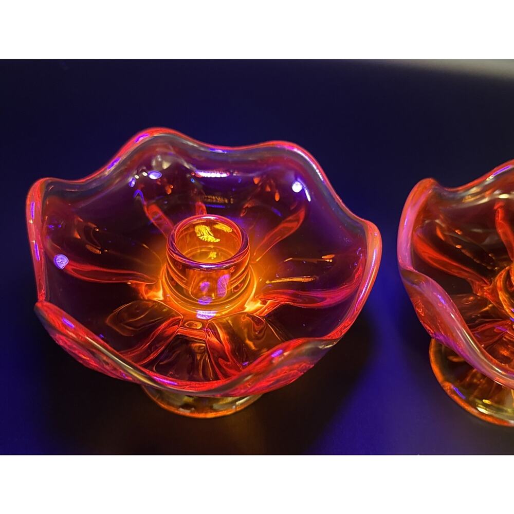 MCM VIKING Persimmon Amberina 6 Petal Candle Holders GLOW - Picture 9 of 10